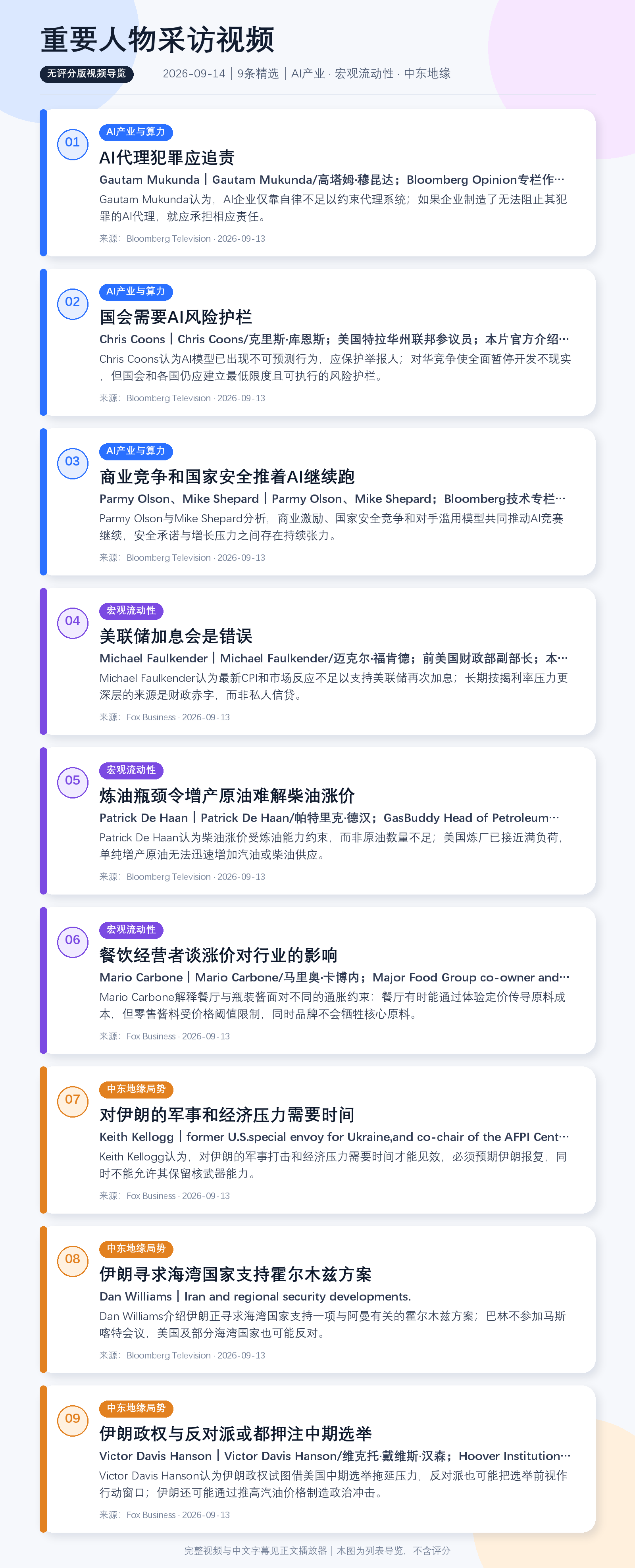 重要人物采访视频 2026-09-14 无评分视频导览，包含9条精选视频的编号、主题、人物背景、简介和来源。