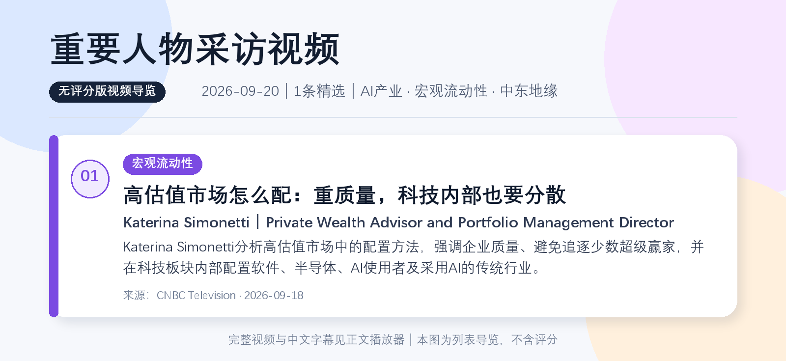 重要人物采访视频 2026-09-20 无评分视频导览，包含1条精选视频的编号、主题、人物背景、简介和来源。