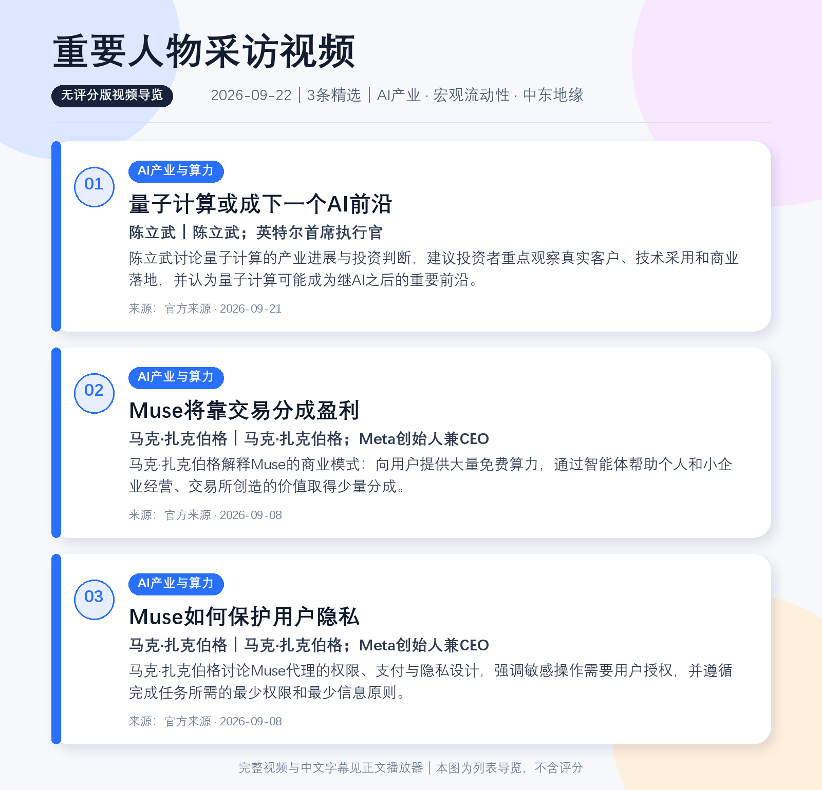 重要人物采访视频 2026-09-22 无评分视频导览，包含3条精选视频的编号、主题、人物背景、简介和来源。